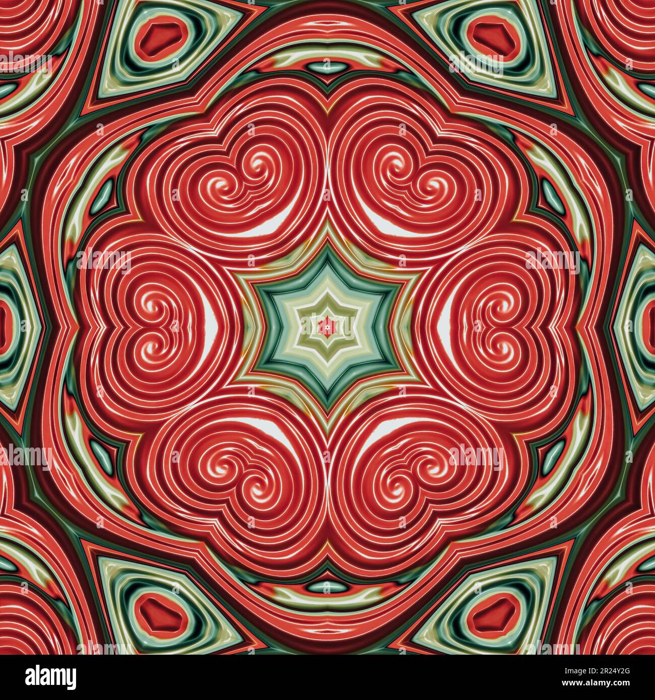 Serie de patrones de caleidoscopio abstracto, conjunto de 9. Líneas de líquido en rojo y verde. Patrón floral céntrico Foto de stock