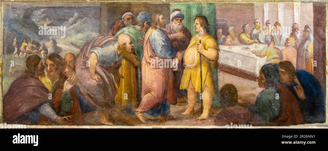 NÁPOLES, ITALIA - 22 DE ABRIL de 2023: El fresco Jesús sana a los obsesionados en la iglesia Chiesa di Santa Maria di Piedigrotta de Belisario Corenzio Foto de stock