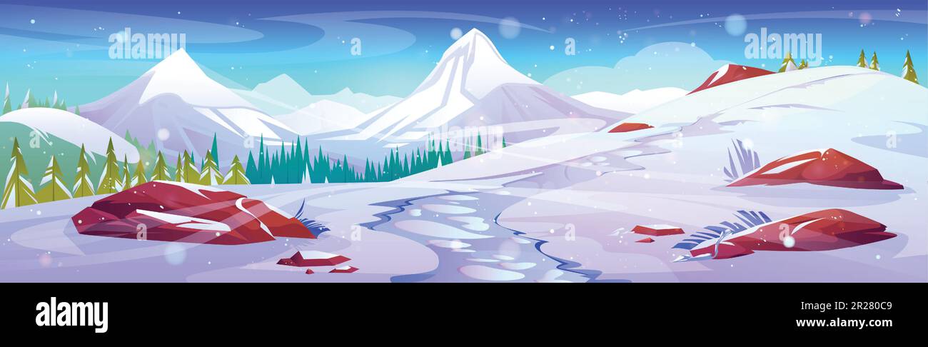  Invierno nieve montaña paisaje de dibujos animados vector de fondo. Vista del horizonte del viaje desde la colina en el árbol del paisaje. Camino de la pista norte al bosque en el