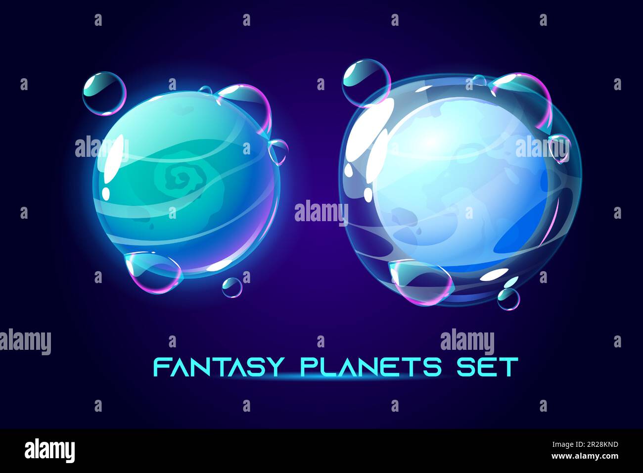 Planetas espaciales de fantasía para ui juego de galaxias. Vector iconos de dibujos animados conjunto de mundo alienígena mágico, objetos cósmicos fantásticos con burbujas de jabón y atmósfera, núcleo líquido. Fantástica colección de astronomía Ilustración del Vector