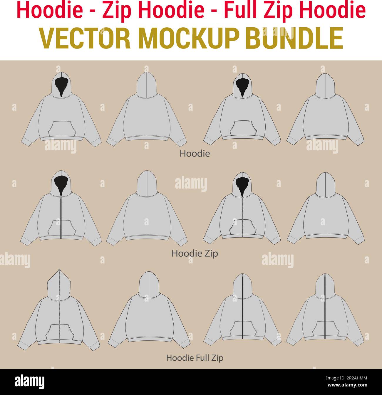 Streetwear Oversized Hoodie Sweatshirt Mockup Vector Bundle Hoodie Full Zip Up Mockup Vector Tech Pack Illustrator Procreate Mockup Template Ilustración del Vector