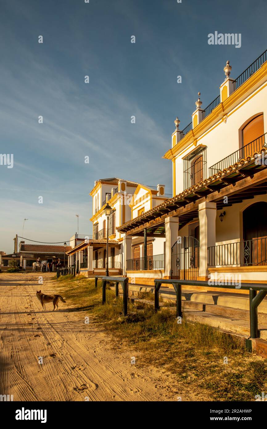 Vista de la arquitectura típica y las calles de arena en el pueblo de El Rocío Foto de stock