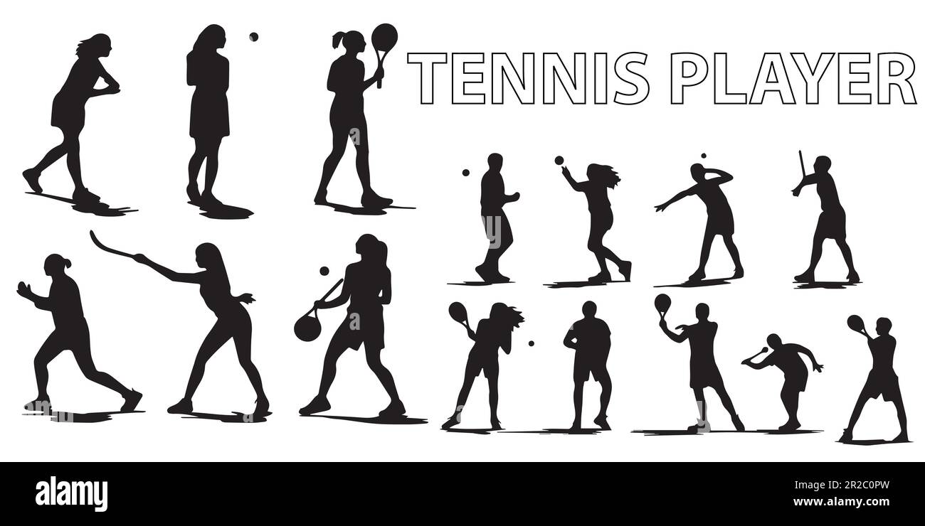 Un humano blanco y negro en la ilustración vectorial silueta de juego de tenis. Ilustración del Vector