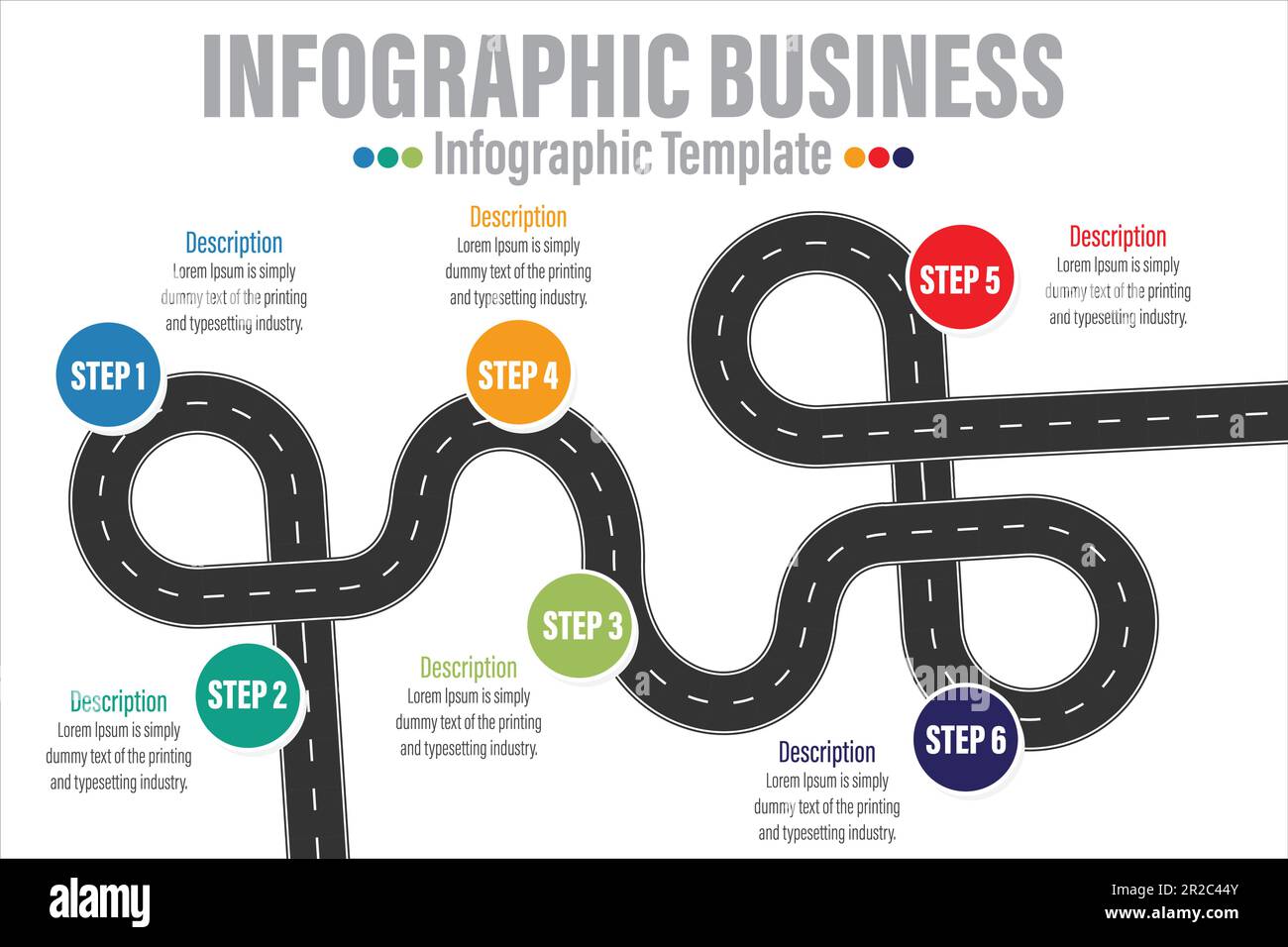 Infografías abstractas de negocios 6 pasos o 6 opción en forma de una carretera de automóviles con marcas viales, marcadores, iconos y texto. Ilustración del Vector