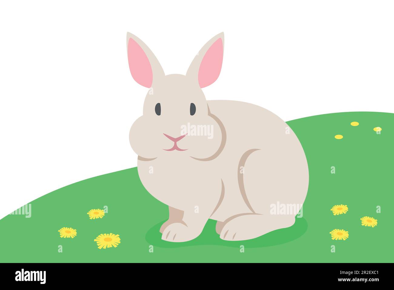 Lindo conejo sentado en la hierba verde. Animal doméstico de granja. Ilustración plana de dibujos animados de conejito. Spring meadow fondo Ilustración del Vector