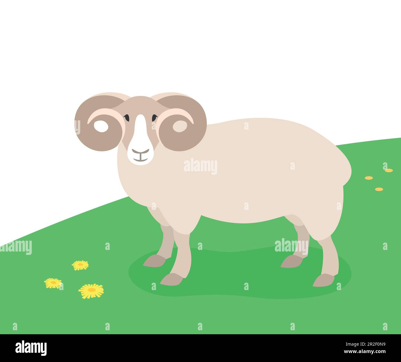 Carnero cornudo de pie sobre la hierba verde. Animales domésticos de granja pastando en pastos de primavera. Ilustración plana de dibujos animados. Ilustración del Vector