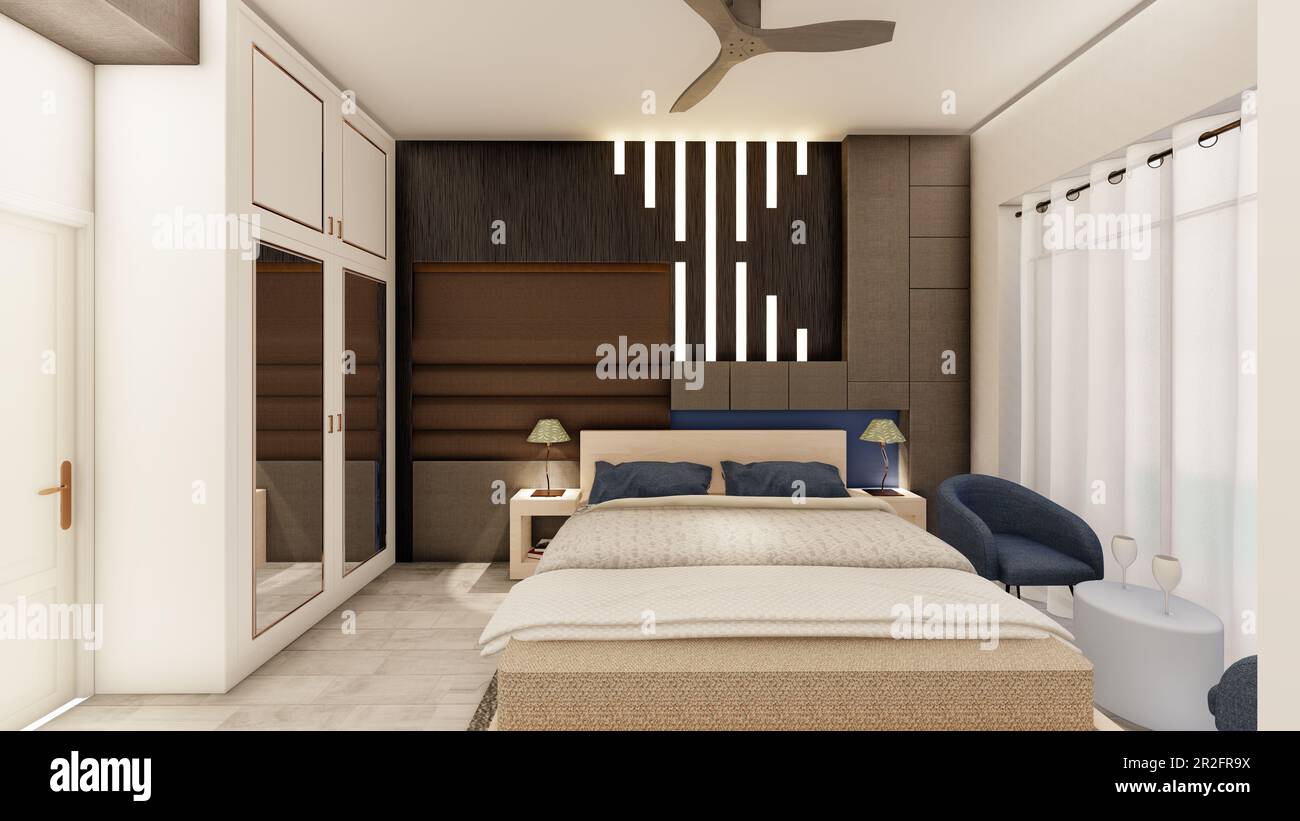 Interior de dormitorio oscuro realista con muebles de madera 3D render Foto de stock