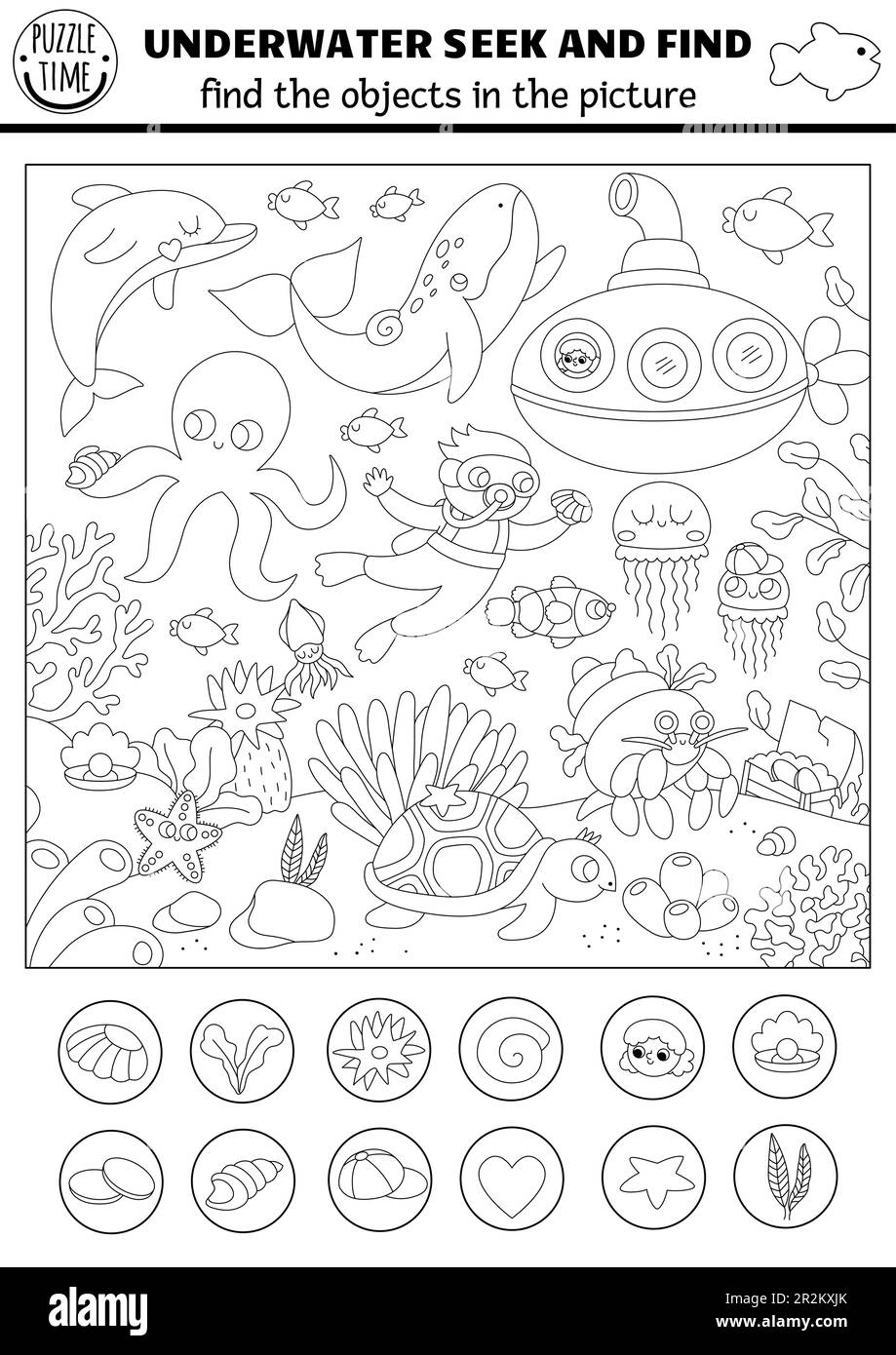 Vector blanco y negro bajo el mar juego de búsqueda con paisaje marino