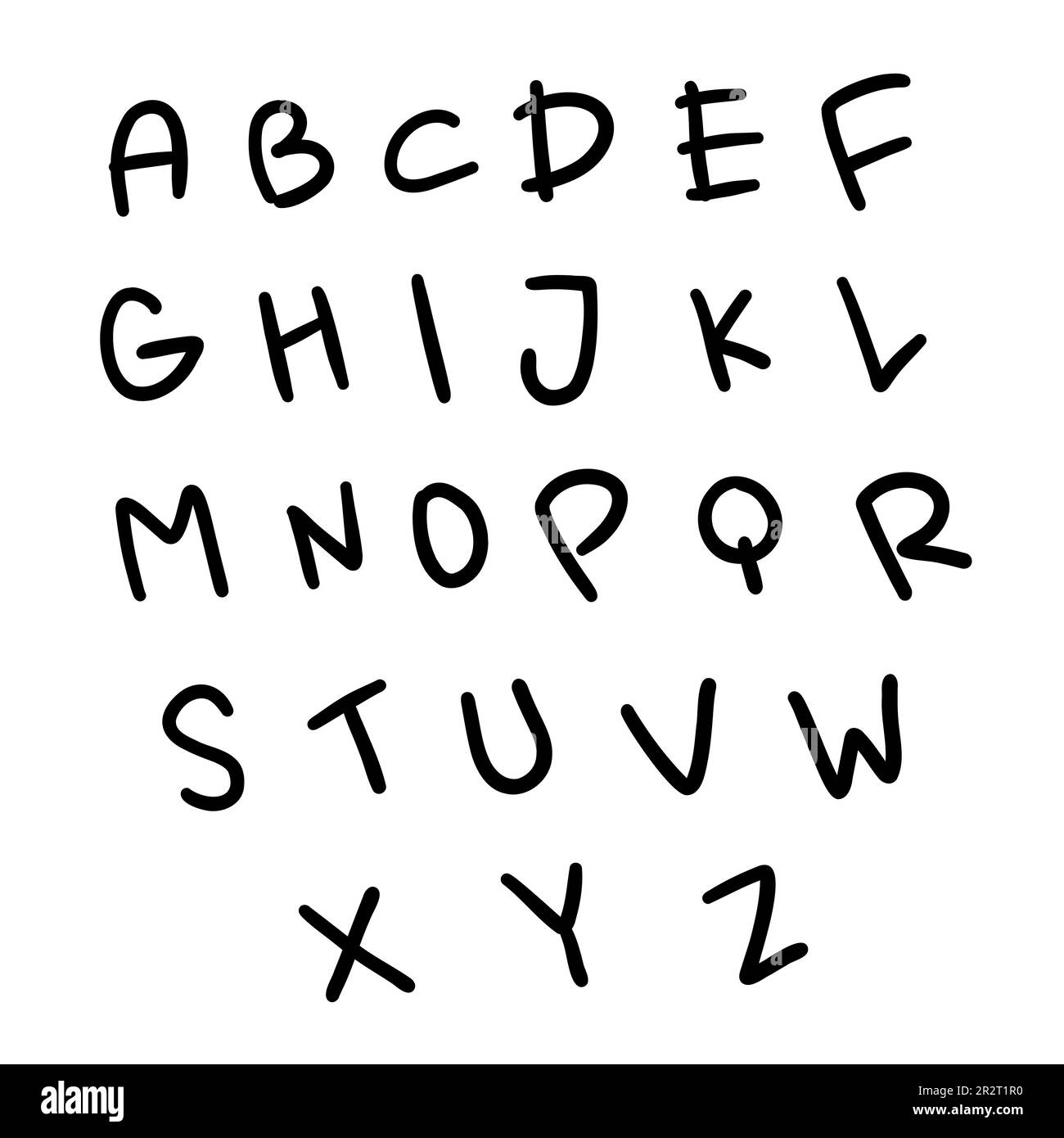 Infantil negro inglés alfabeto latino abc fuente A a Z. Ilustración vectorial en estilo doodle dibujado a mano aislado sobre fondo blanco. Para decorar, c Ilustración del Vector