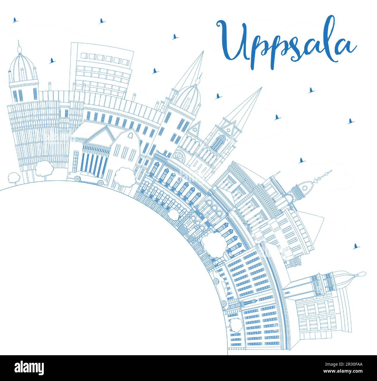 Contorno Uppsala Sweden City Skyline con edificios azules y espacio de copia. Ilustración vectorial. Paisaje urbano de Uppsala con puntos de interés. Ilustración del Vector