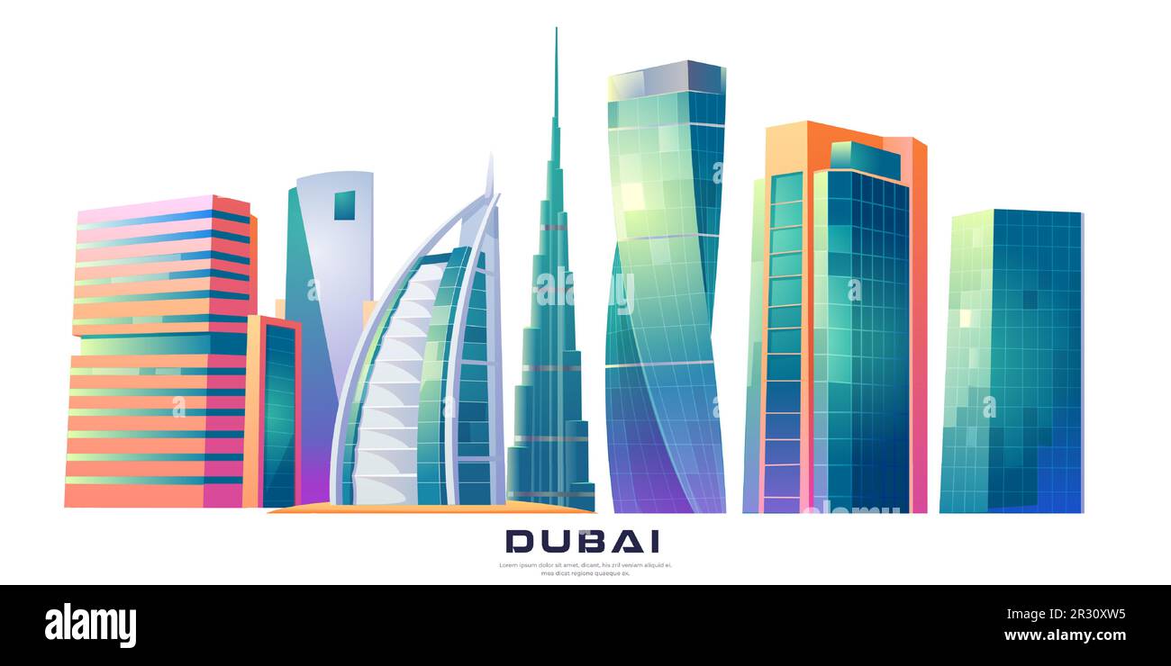 14 DE FEBRERO DE 2020. Ilustración vectorial de dibujos animados Burj Khalifa, Burj al Arab, edificios de la torre Cayan, Dubai, arquitectura mundialmente famosa de los Emiratos Árabes Unidos, monumentos futuristas de los rascacielos de la megápolis, Emiratos Árabes Unidos Ilustración del Vector
