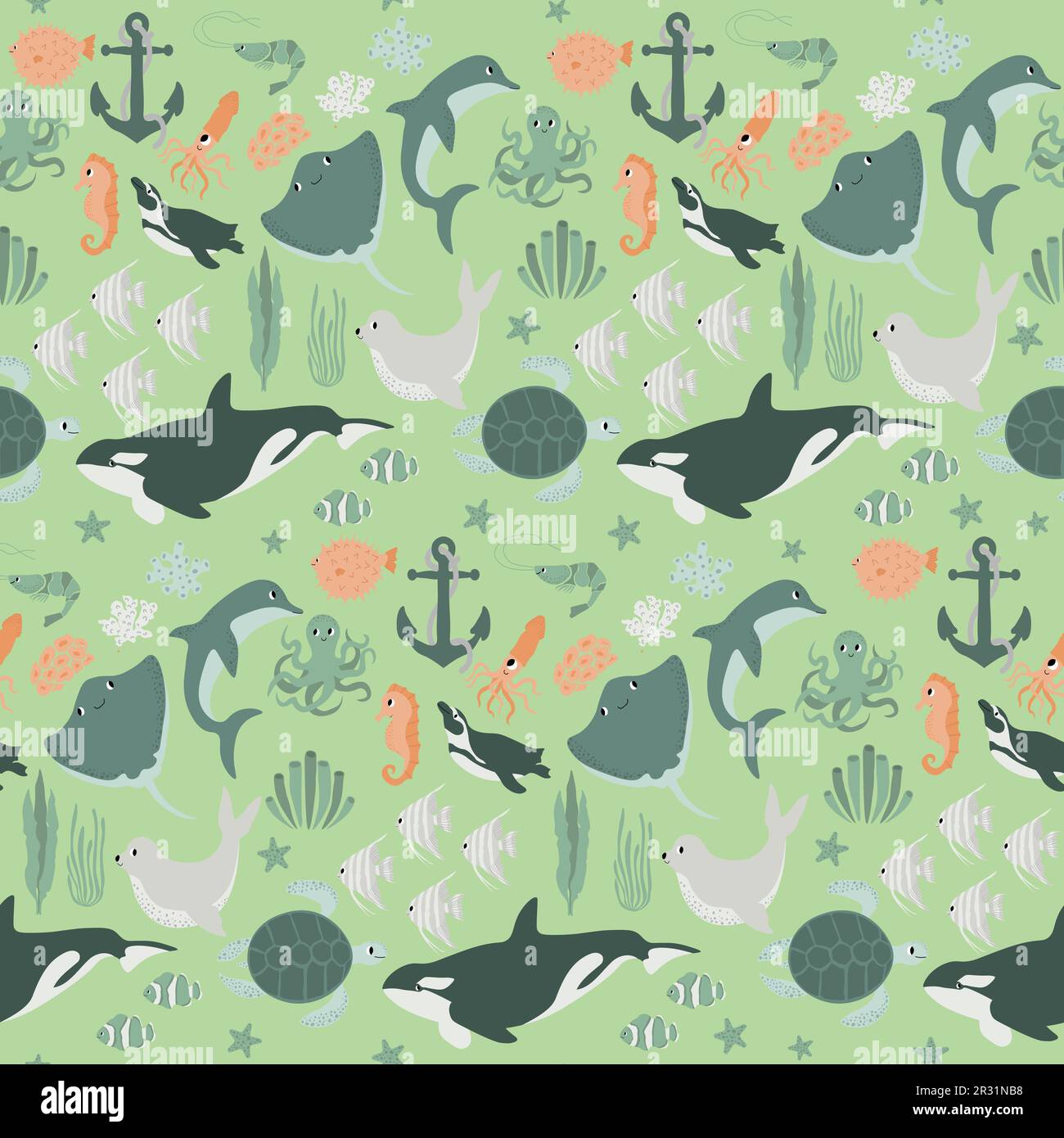 Vector patrón sin fisuras con peces del diablo, orca, tortuga, pulpo