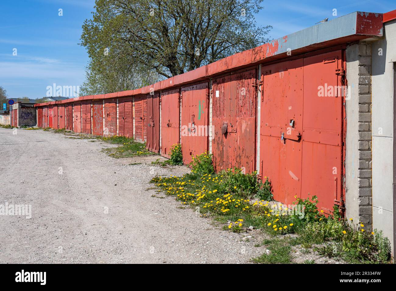 Línea de puertas de garaje rojas en un soleado día de primavera en el distrito de Kalamaja de Tallin, Estonia Foto de stock