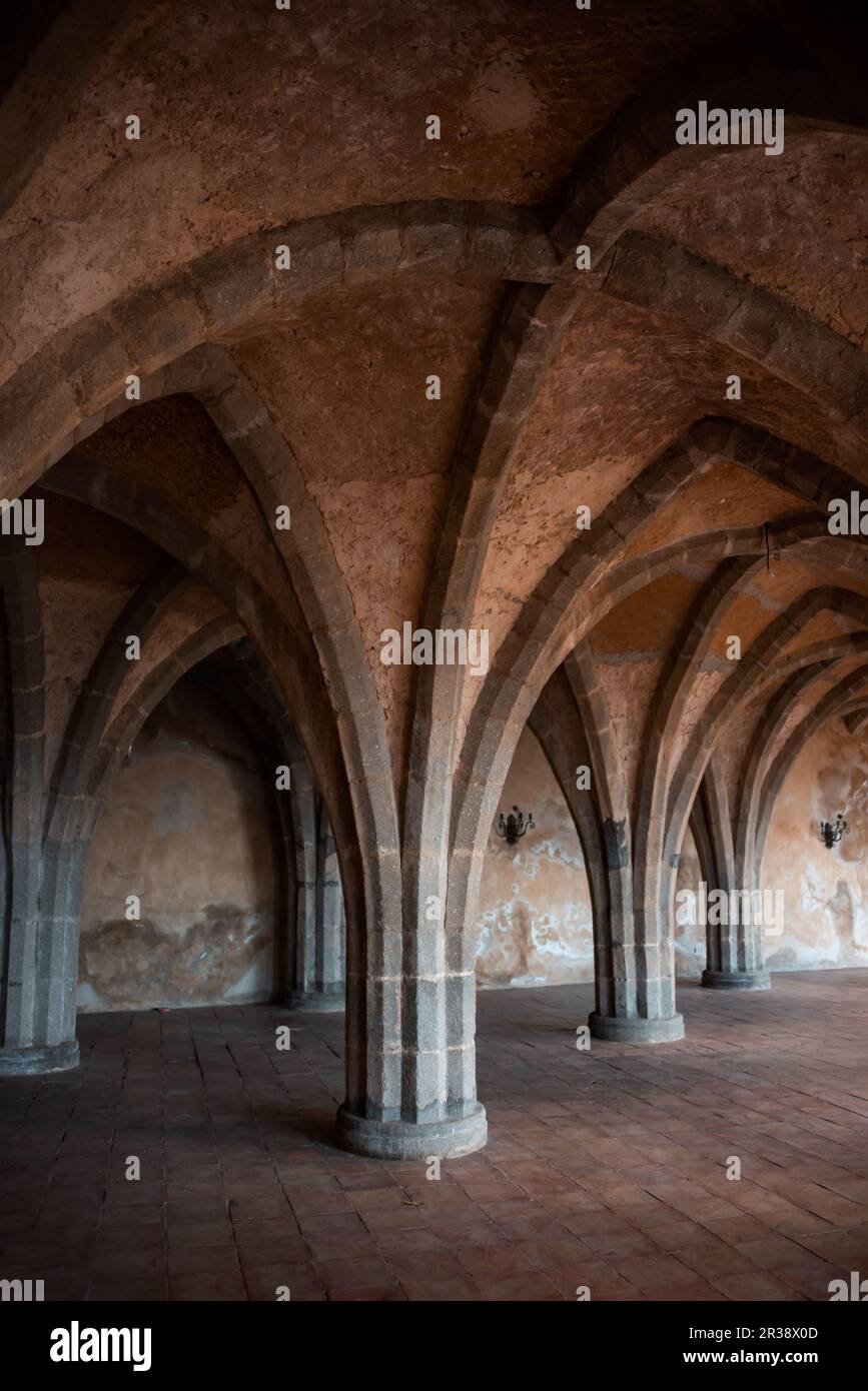 Cripta con columnas y arcos de una antigua villa en Italia Foto de stock