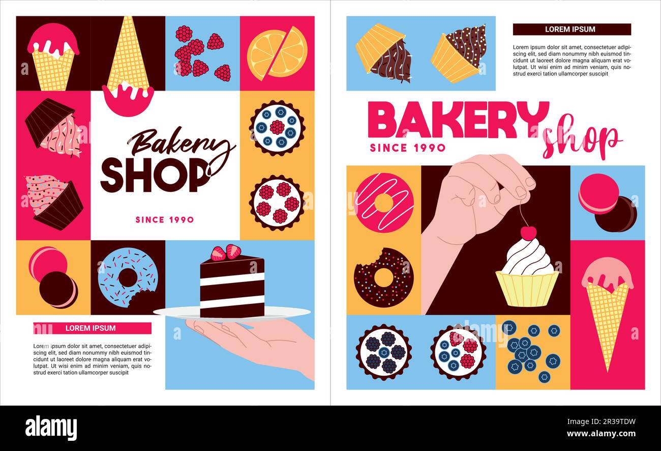 Tienda de panadería posters set. Productos dulces, postres. Ilustración  vectorial para banner, portada, folleto, menú, publicidad Imagen Vector de  stock - Alamy
