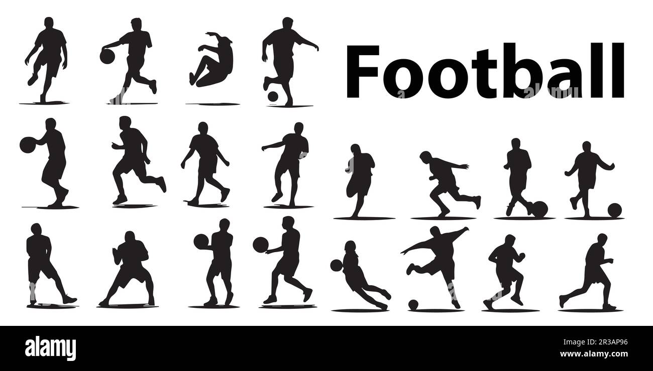 Una imagen en blanco y negro de un conjunto de vectores de jugador de fútbol. Ilustración del Vector