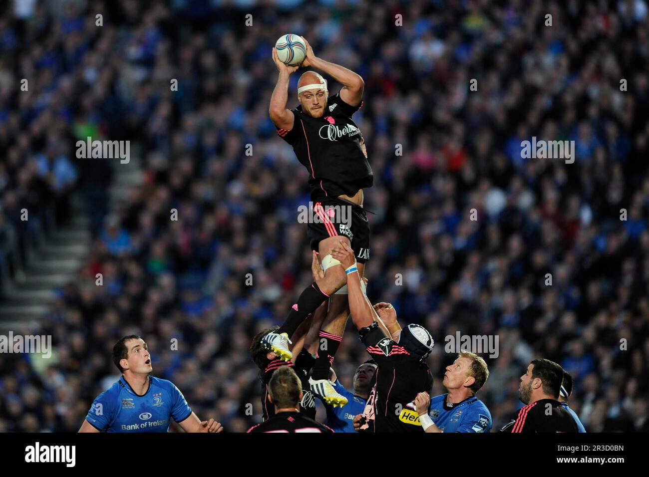 Scott Lavalla del Stade Francais gana la alineación durante la final de la Copa Amlin Challenge entre Leinster Rugby y el Stade Francais en el RDS Arena, Dubl Foto de stock