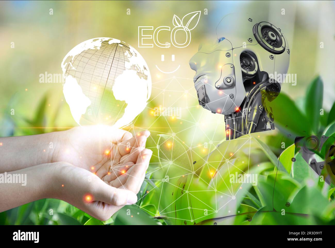 Concepto de tierra verde Reduce el consumo de energía Ahorre energía y gestione el sistema con IA. Foto de stock