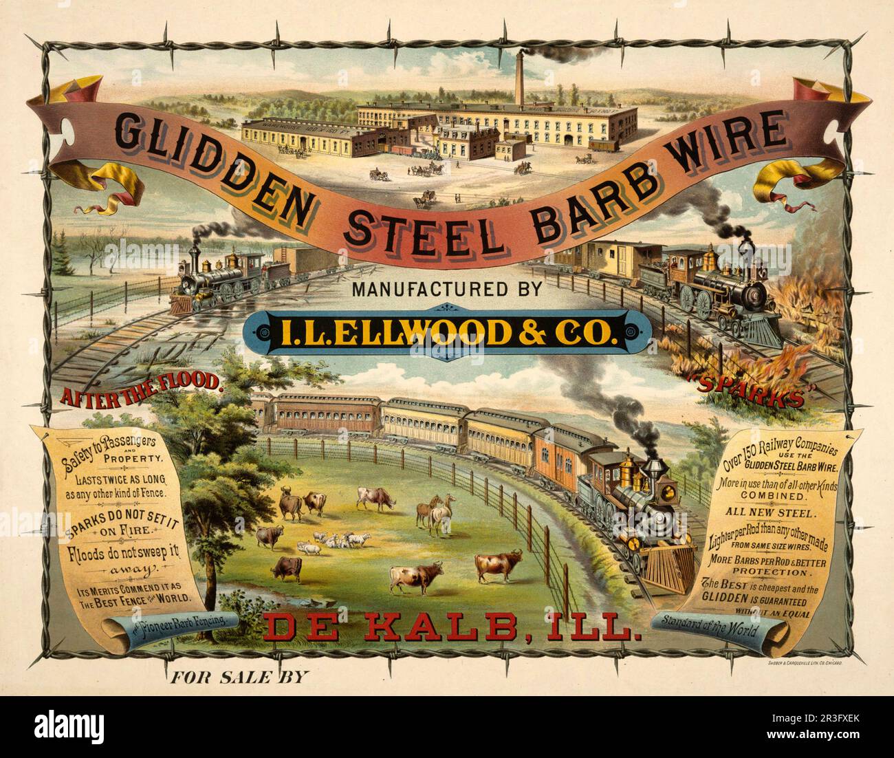 Anuncio vintage para alambre de púas de acero Glidden fabricado por I. L. Ellwood & Co. Foto de stock