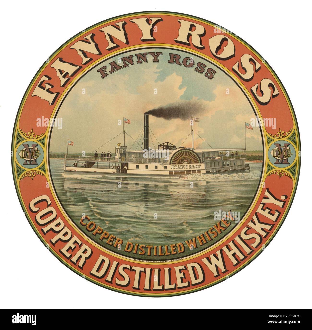 Anuncio vintage para Fanny Ross whisky destilado de cobre. Foto de stock