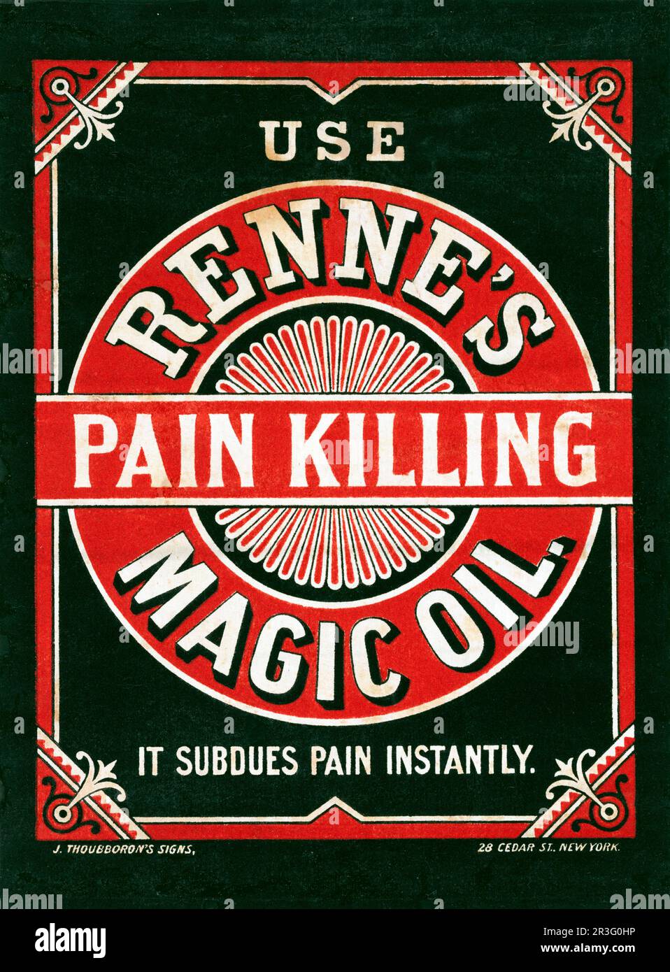 Anuncio vintage para el aceite mágico que mata el dolor de Renne, con borde decorativo. Foto de stock
