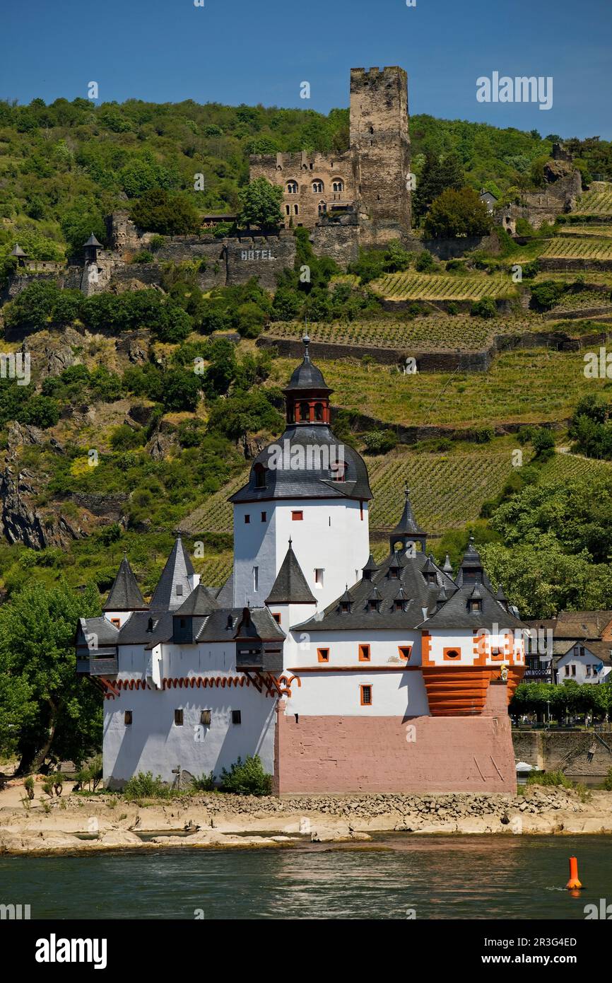 Burg Gutenfels und Burg Pfalzgrafenstein, UNESCO-Weltkulturerbe, Oberes Mittelrheintal, Kaub, Rheinland-Pfalz, Alemania, Europa Foto de stock