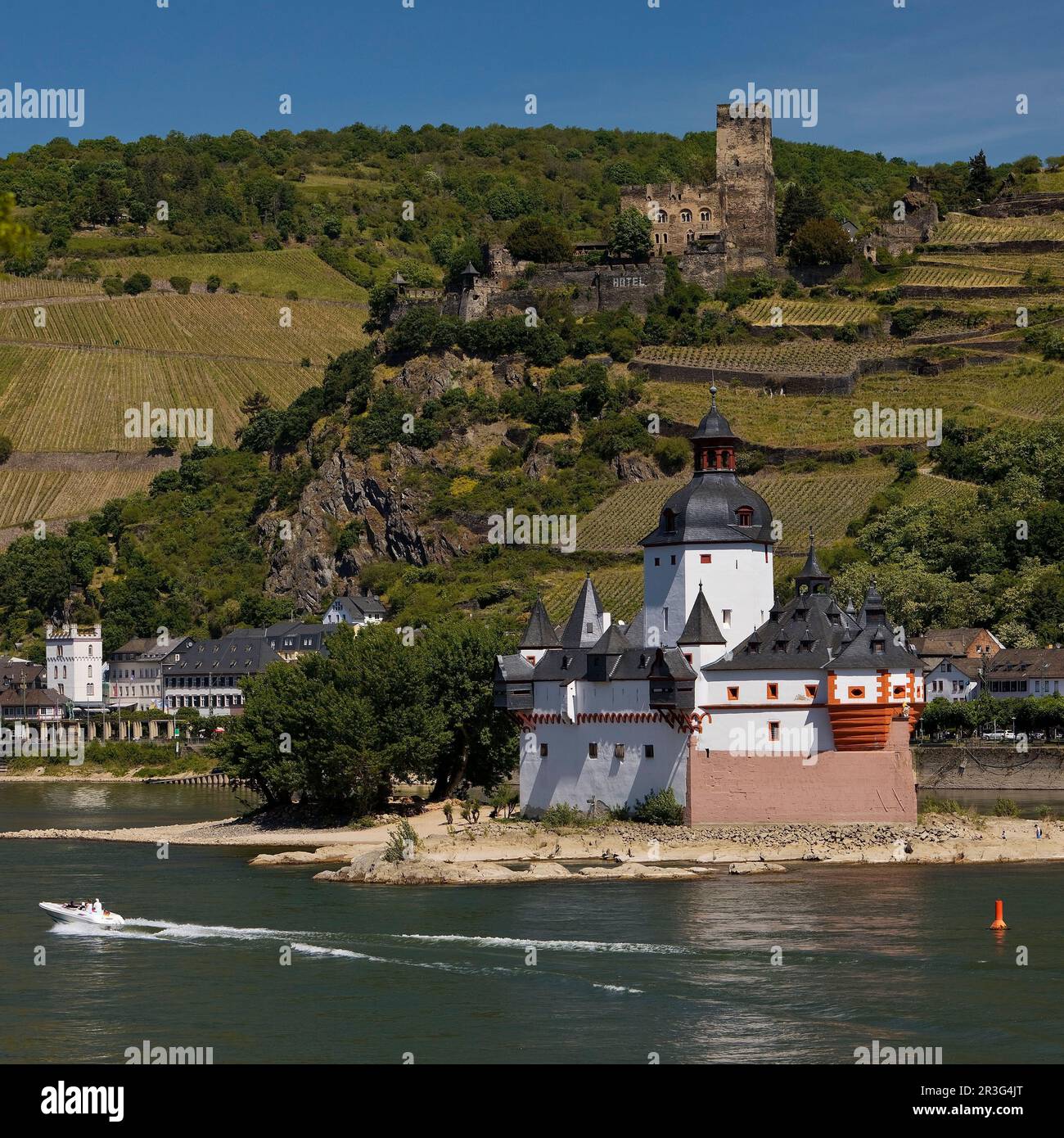 Castillo de Gutenfels y Castillo de Pfalzgrafenstein, Alto Valle del Rin Medio, Kaub, Alemania, Europa Foto de stock