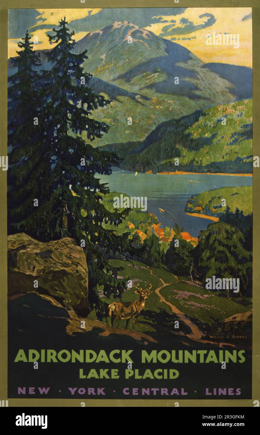 Cartel de viaje vintage para las montañas Adirondack, que muestra una vista del lago Placid con ciervo en primer plano, alrededor de 1920. Foto de stock