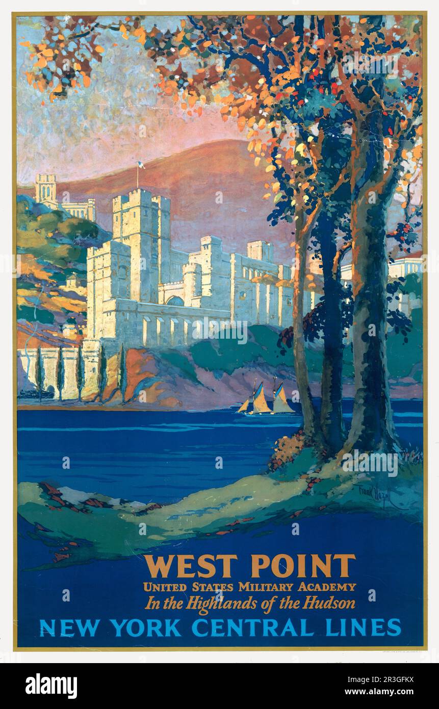 Cartel de viaje vintage para New York Central Lines, West Point Military Academy, visto a través del río Hudson, alrededor de 1920. Foto de stock