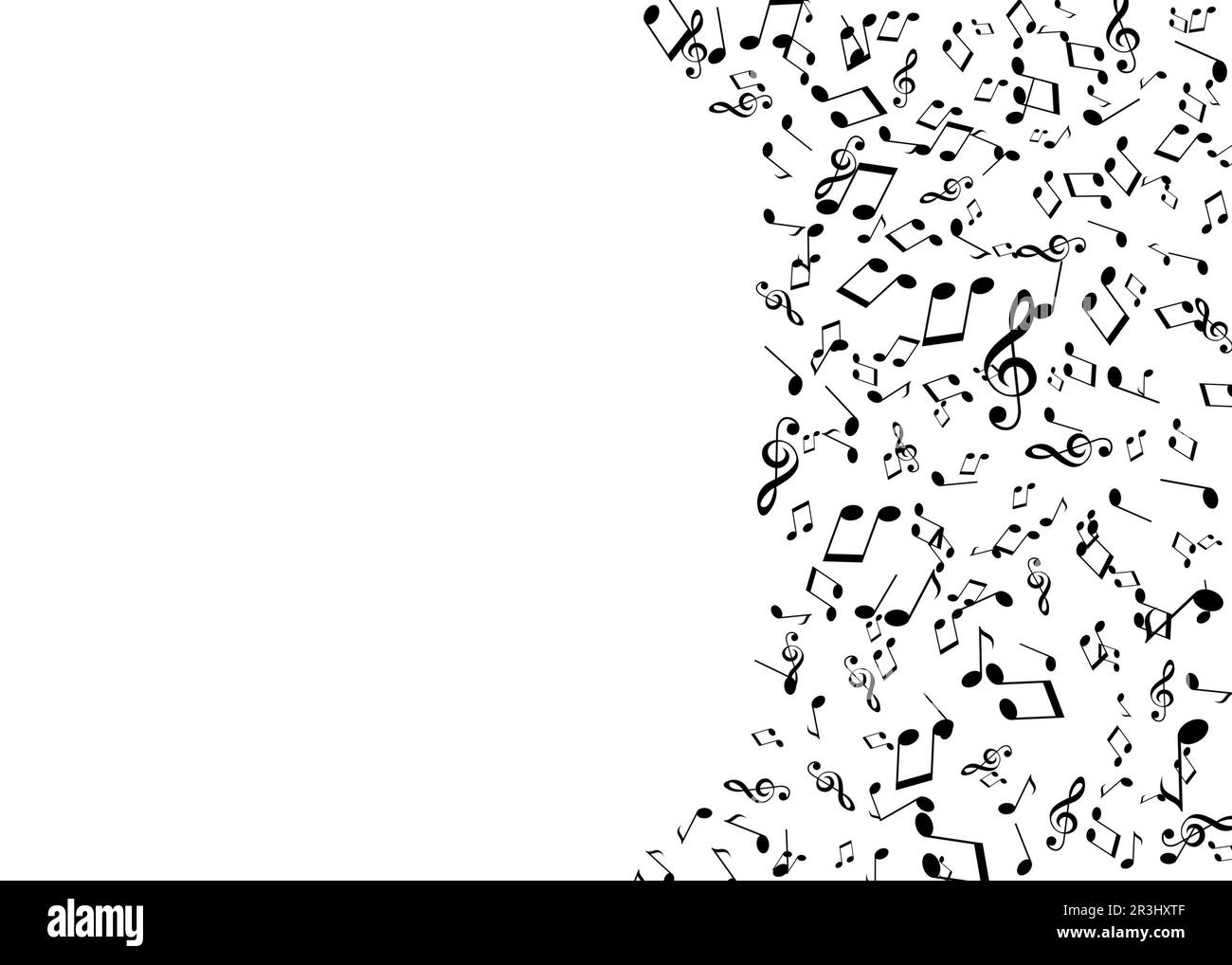 Muchas notas musicales y agudos clefs volando sobre fondo blanco