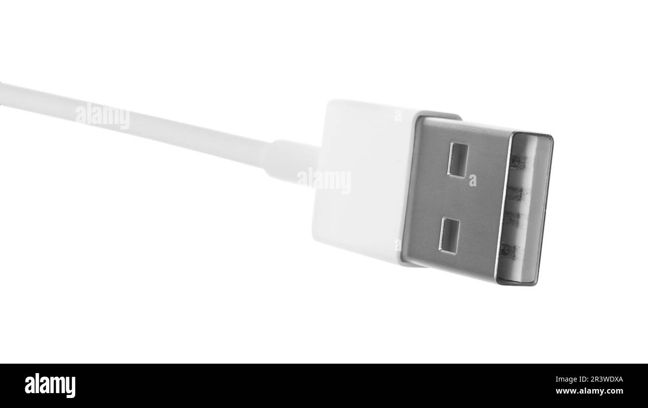 Cable de carga USB y funda para auriculares inalámbricos sobre fondo  blanco. Tecnología moderna Fotografía de stock - Alamy