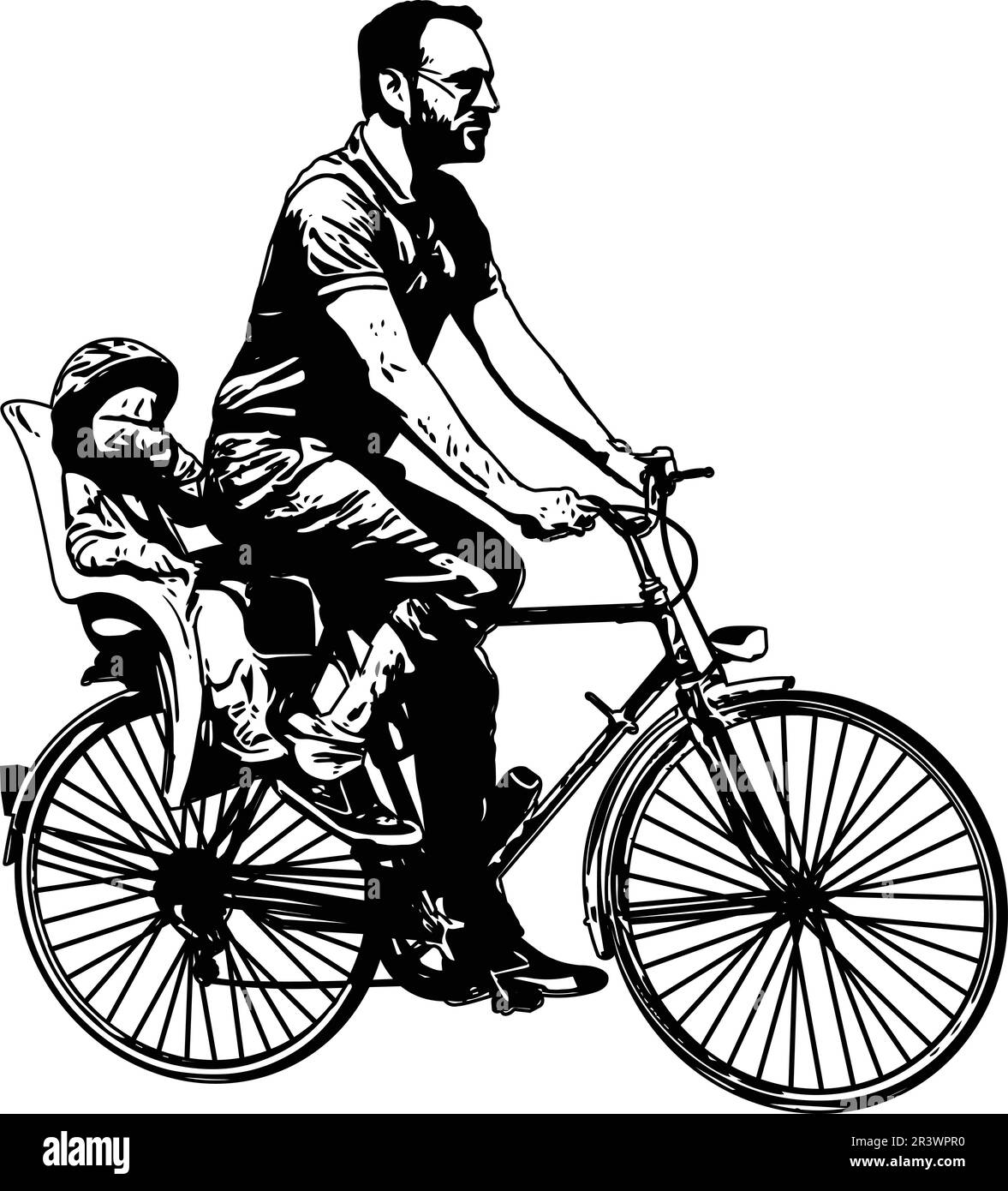 hombre montando bicicleta con bebé en silueta de boceto de asiento para niños - ilustraciones vectoriales Ilustración del Vector