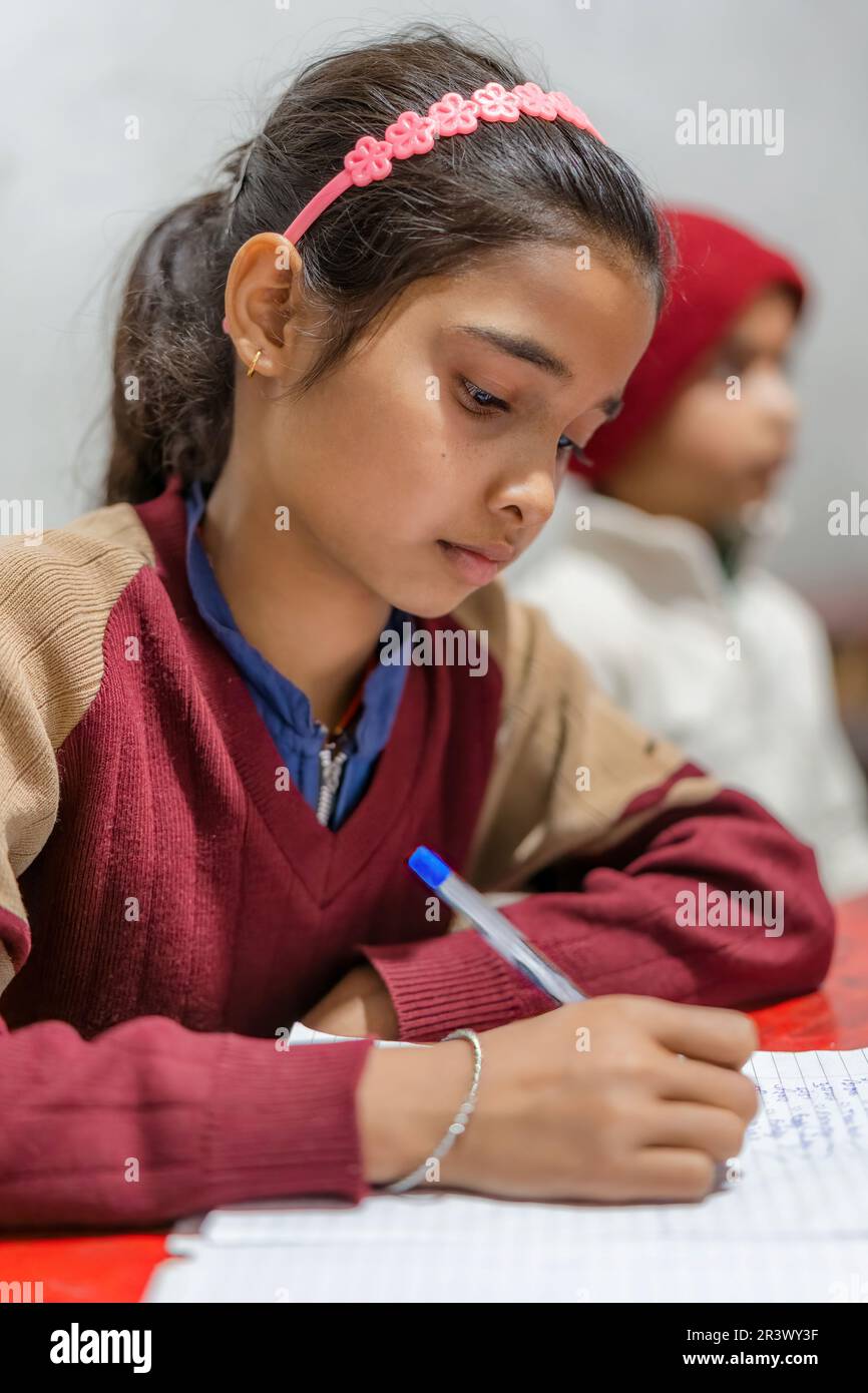 Chica india joven que estudia y toma notas en el aula, el concepto de aprendizaje y educación, escuela primaria en la India. Foto de stock