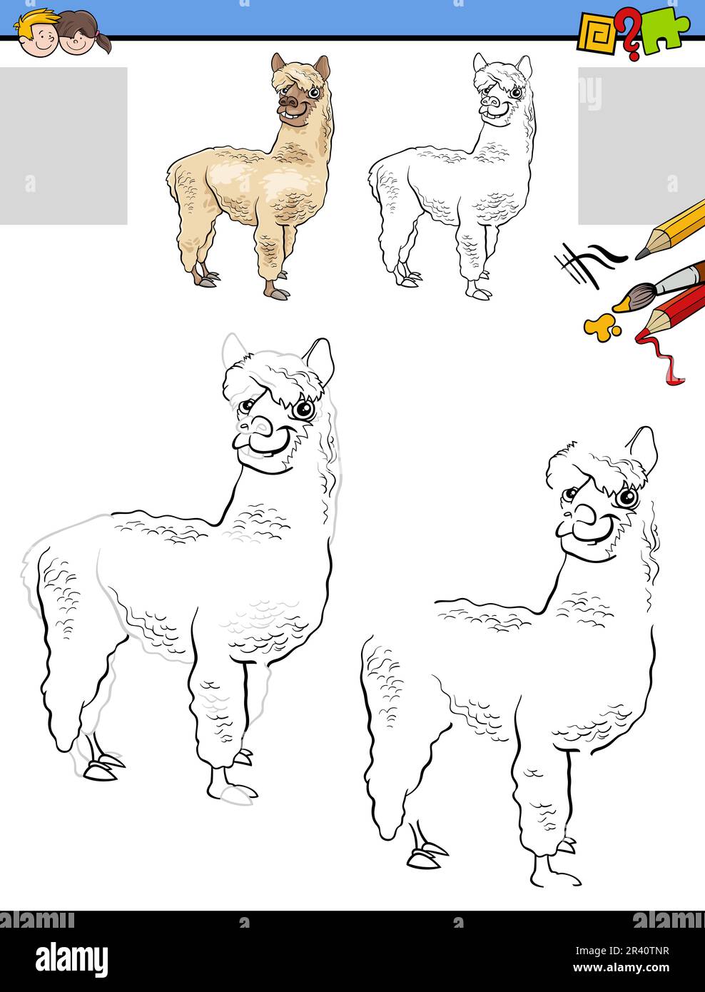 Tarea de dibujo y colorear con llama de dibujos animados o alpaca Foto de stock