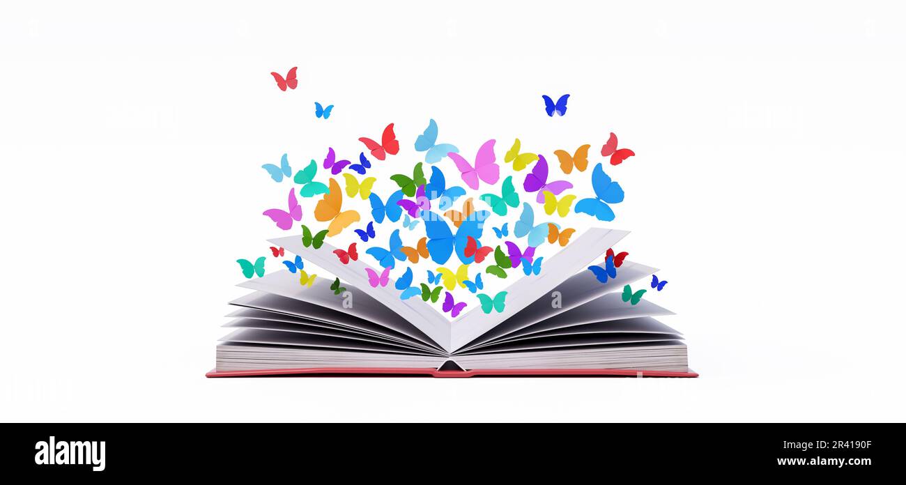 Coloridas mariposas vuelan desde el libro abierto. Concepto de conocimiento y educación aislado en fondo blanco 3D render Foto de stock