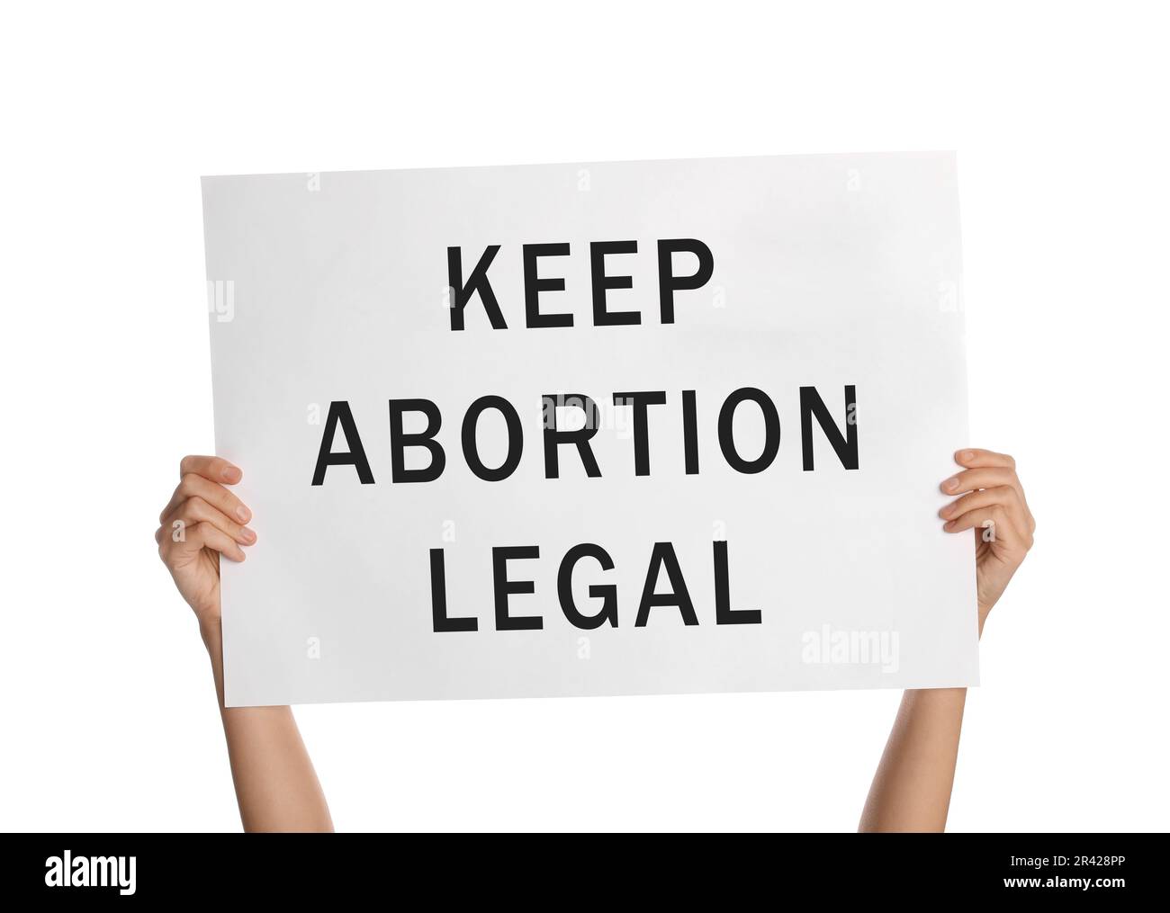 Mujer sosteniendo cartel con frase Mantenga el aborto legal sobre fondo blanco, primer plano. Protesta por el aborto Foto de stock