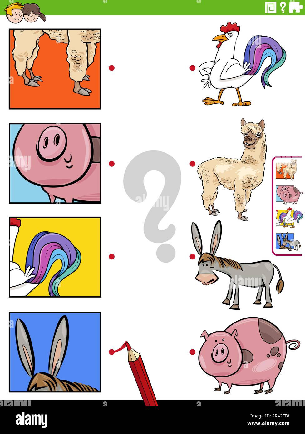 Partido de animales de granja de dibujos animados y recortes de juego educativo Foto de stock