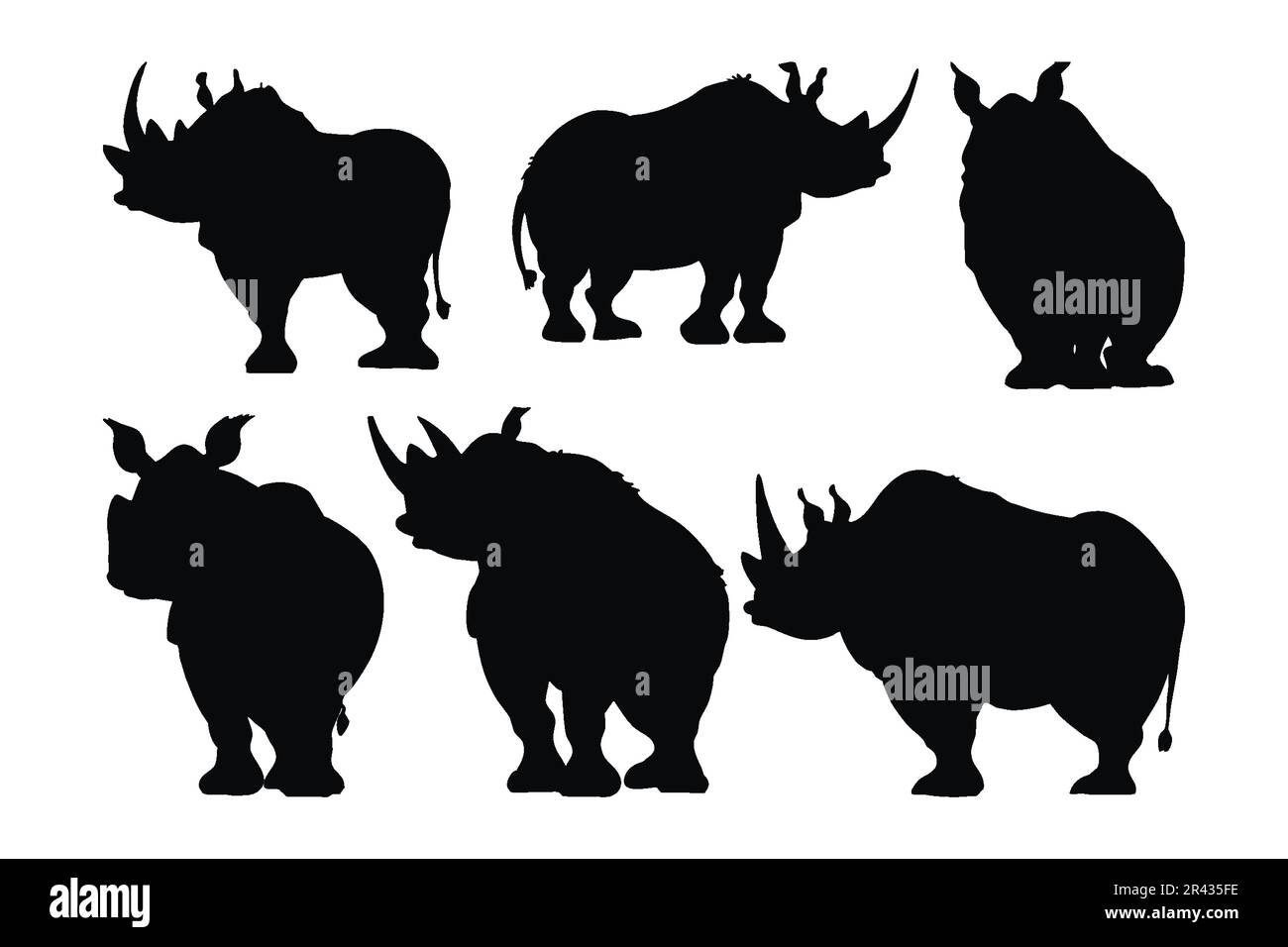 Rhino de pie en diferentes posiciones, silueta conjunto vector. Colección de silueta de rinoceronte adulto sobre un fondo blanco. Animales salvajes peligrosos como la cadera Ilustración del Vector