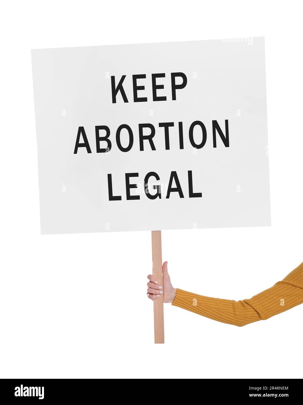 Mujer sosteniendo cartel con frase Mantenga el aborto legal sobre fondo blanco, primer plano. Protesta por el aborto Foto de stock