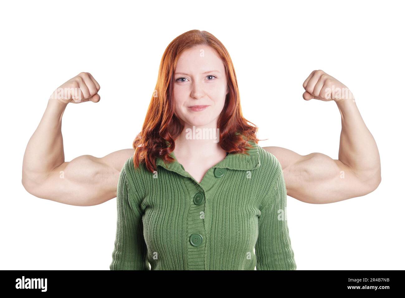 mujer joven confiada con concepto de poder muscular superpuesto en los brazos Foto de stock