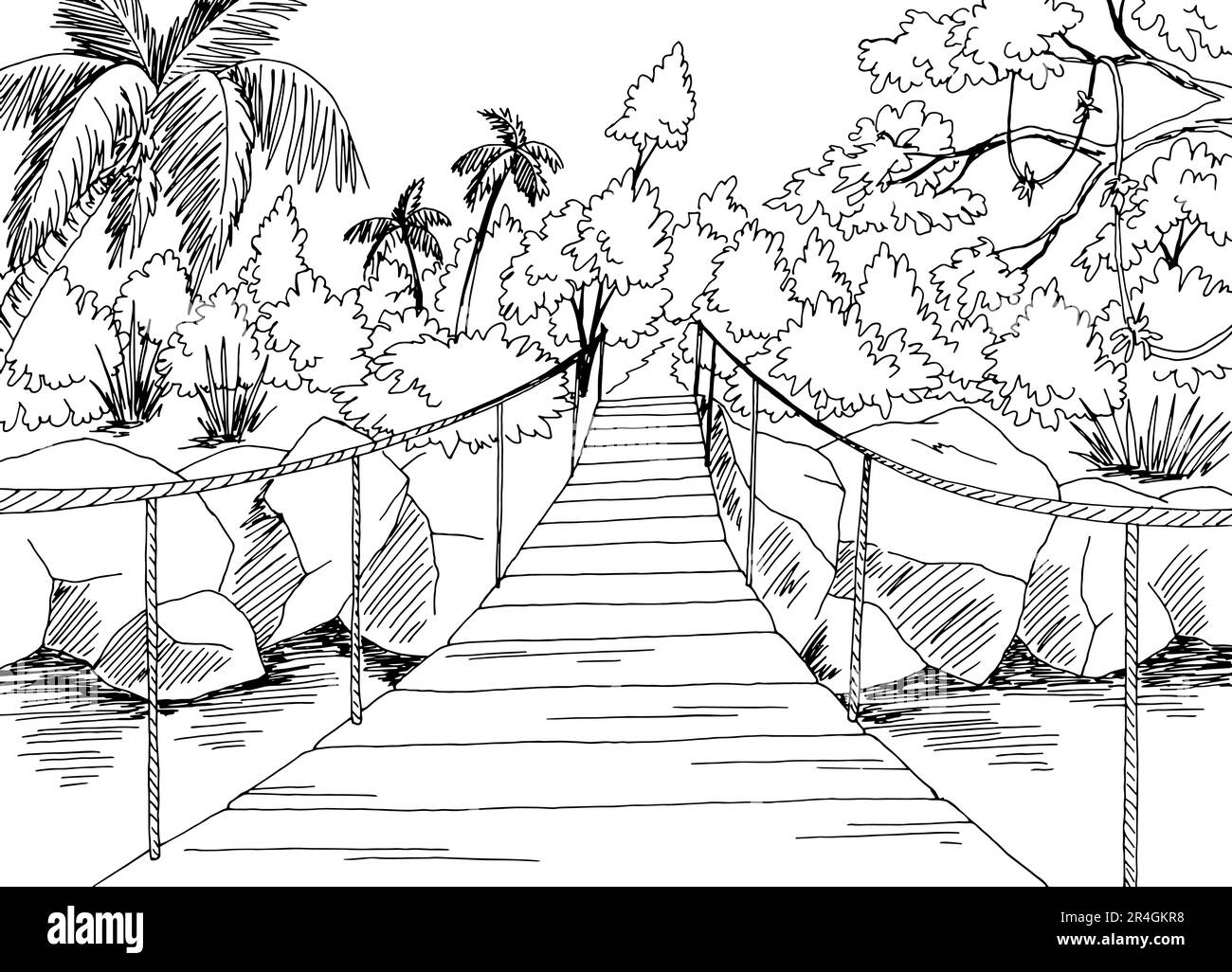 Puente de suspensión en el vector gráfico de ilustración de boceto de paisaje blanco negro de la selva Ilustración del Vector