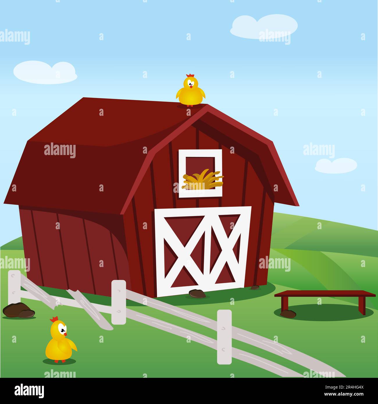 Una granja marrón con puertas y una ventana en un campo verde con una valla rota y pollos locos. Un cielo azul, un banco y rocas marrones. Vector Ilustración del Vector