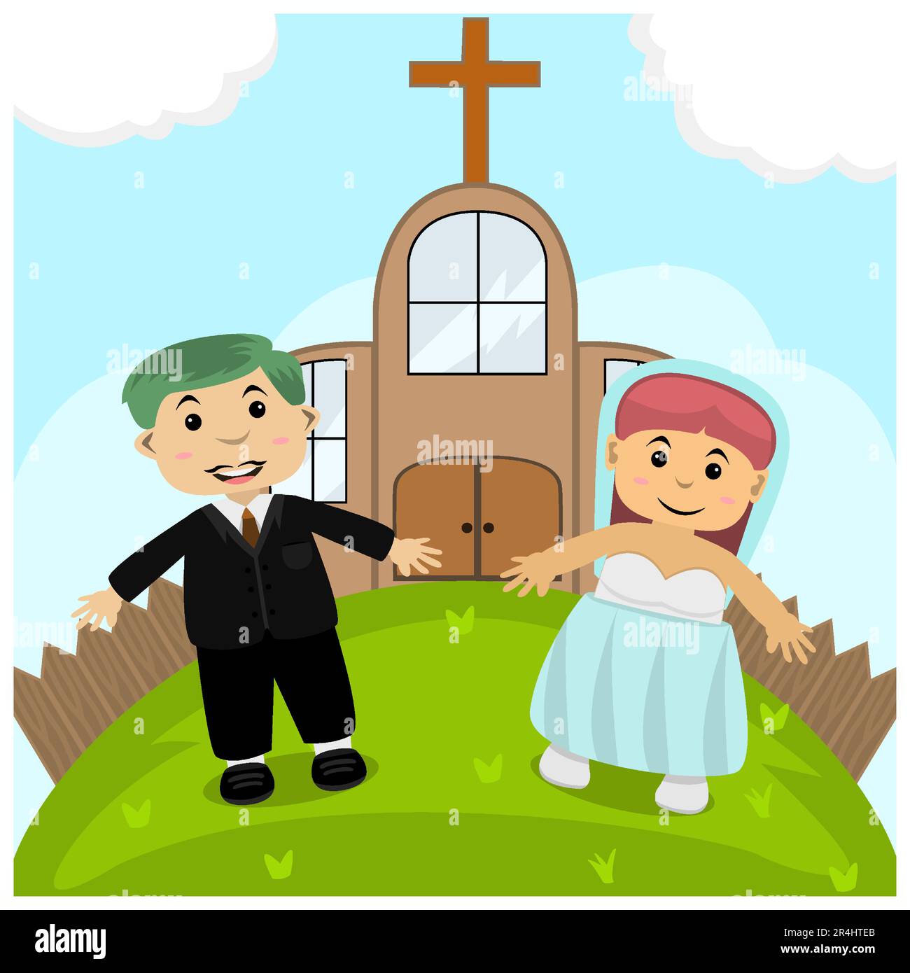 Ilustración vectorial de boda de pareja en el campo de la iglesia, forma alrededor y fondo de color del cielo. Ilustración del Vector