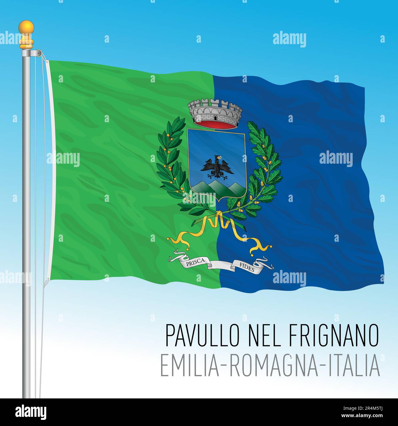 Pavullo nel Frignano, bandera con escudo de armas de la ciudad, provincia de Módena, Italia, ilustración vectorial Ilustración del Vector