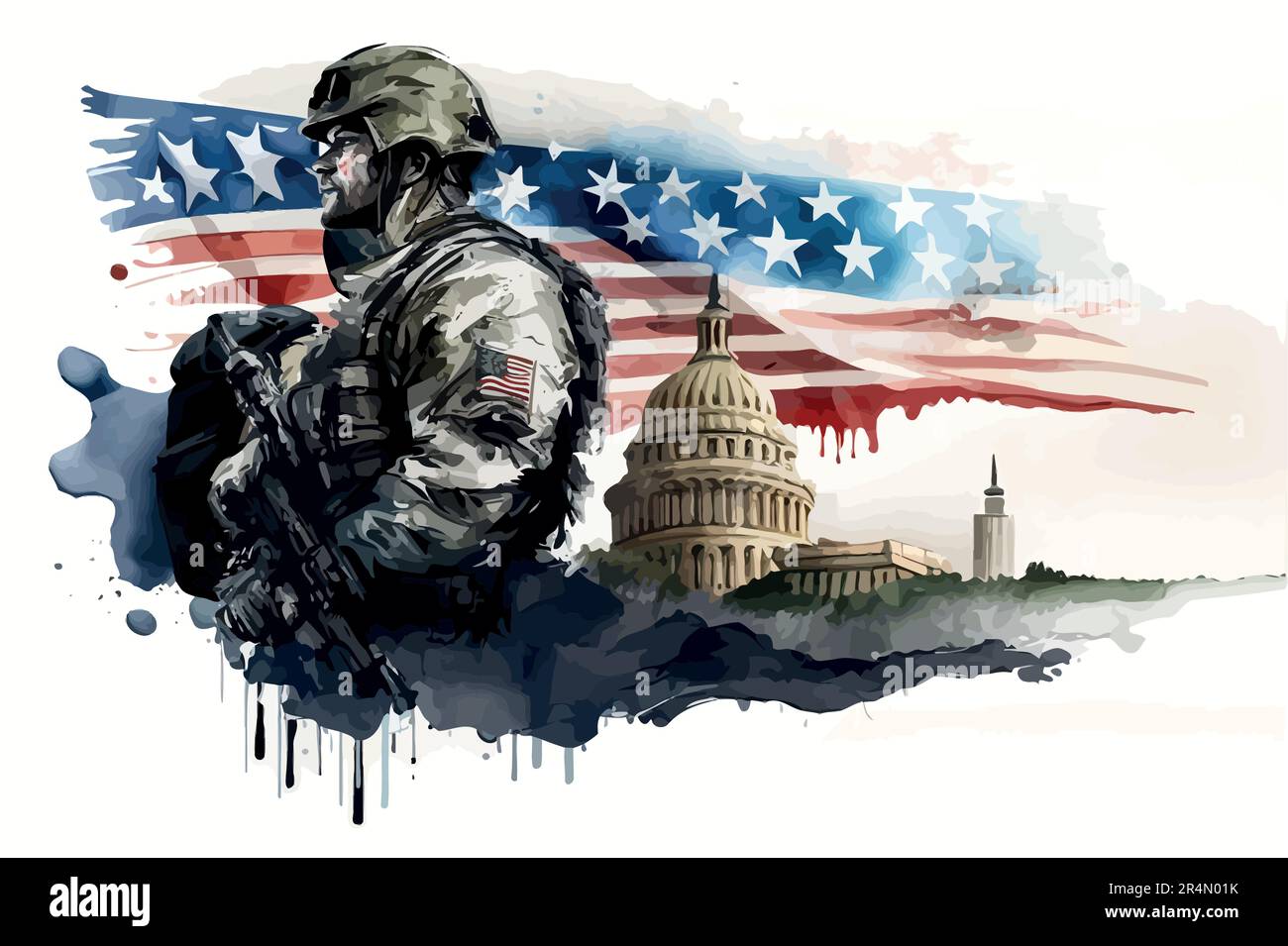 Sobre un fondo blanco, un dibujo de acuarela de un soldado estadounidense, figuras estadounidenses que firmaron la declaración de independencia y águilas en el fondo de la bandera. . Ilustración vectorial Ilustración del Vector