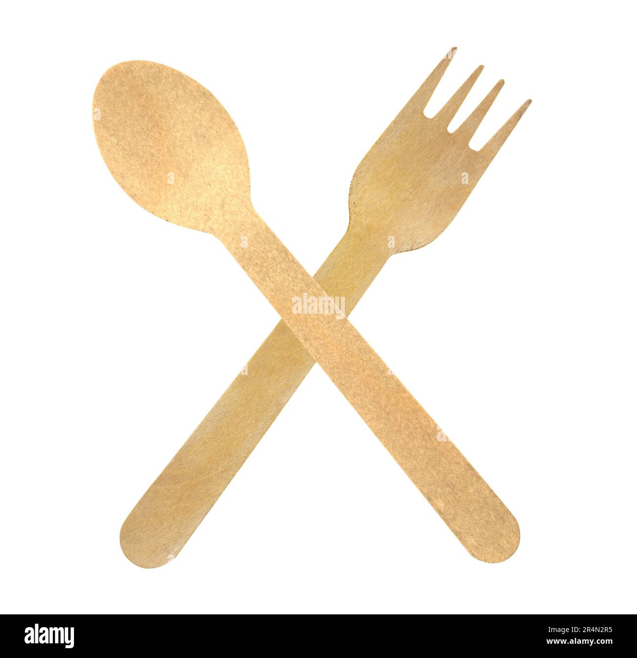 tenedor de madera y cuchara para la comida de la calle, aislado sobre fondo blanco, Foto de stock