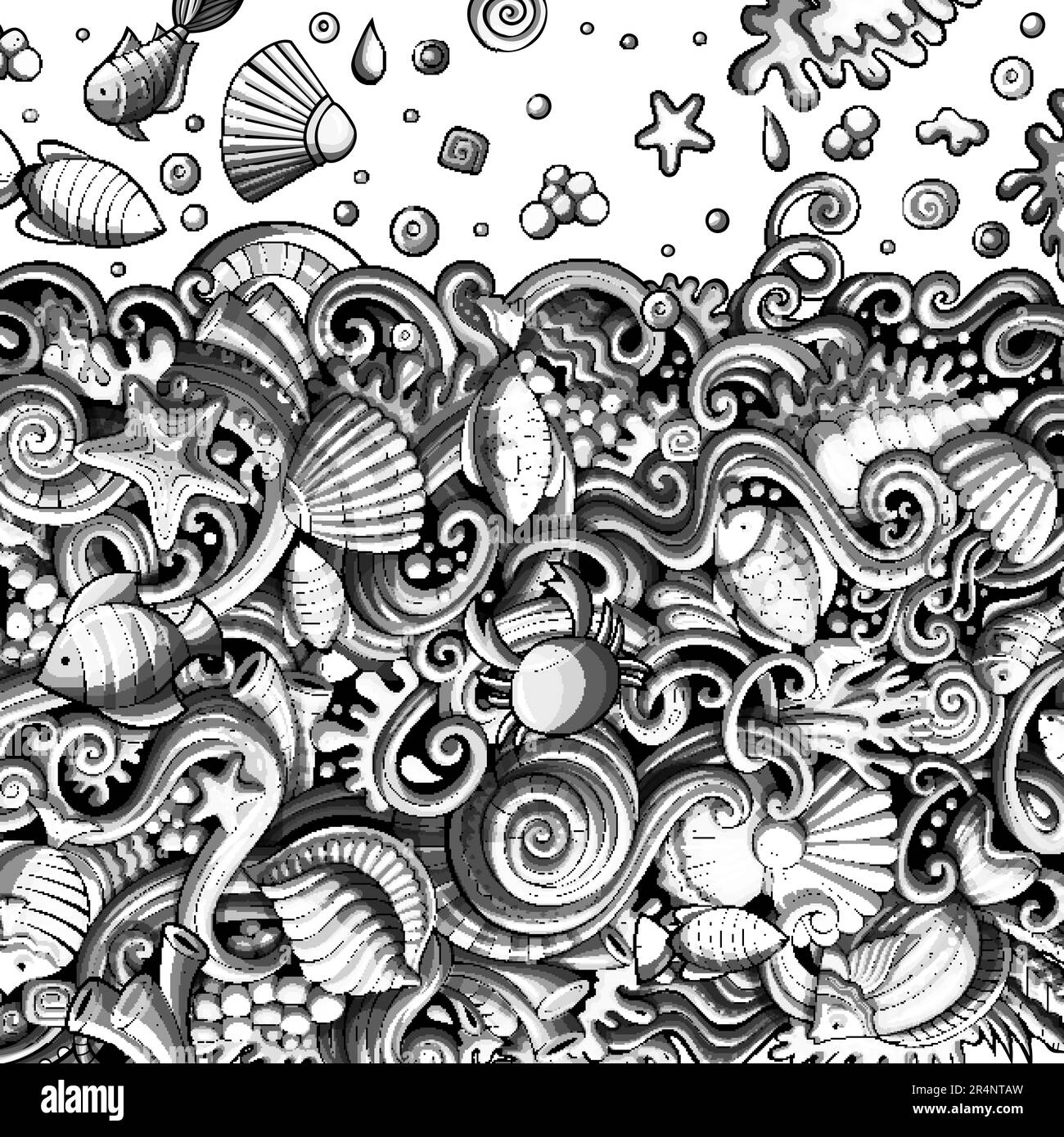 Dibujos animados a mano de fideos sobre el tema de la vida subacuática marco borde. Monocromo detallado, con muchos objetos vector de fondo Ilustración del Vector