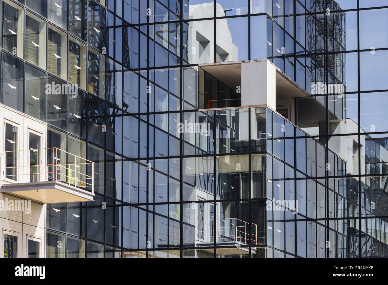imagen con una fachada de vidrio de un edificio de oficinas con reflejos en las ventanas Foto de stock