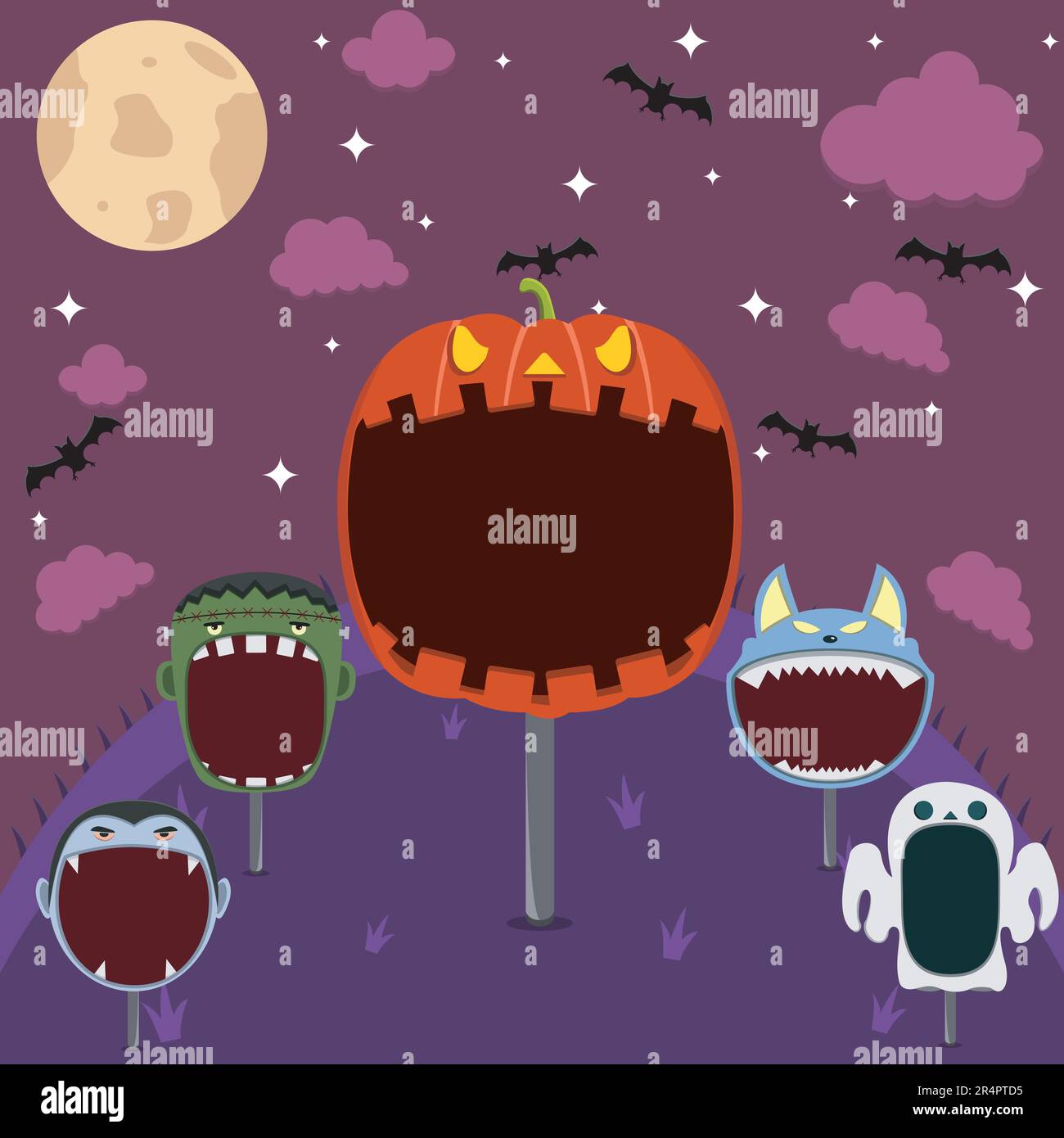 Monstruo de la cabeza establecido en el campo y la noche. Cabeza de calabaza grande, Frankenstein, Drácula, fantasma y lobo. Vector e ilustración. Ilustración del Vector