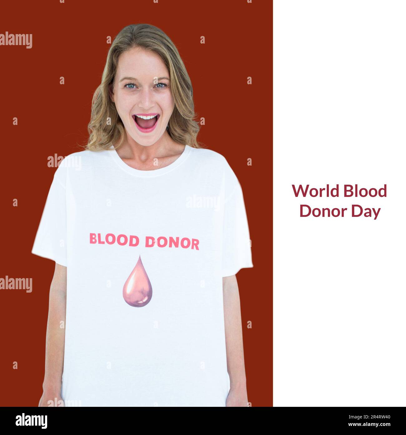 Composición del texto del día mundial del donante de sangre sobre la mujer caucásica feliz en la camiseta del donante de sangre Foto de stock